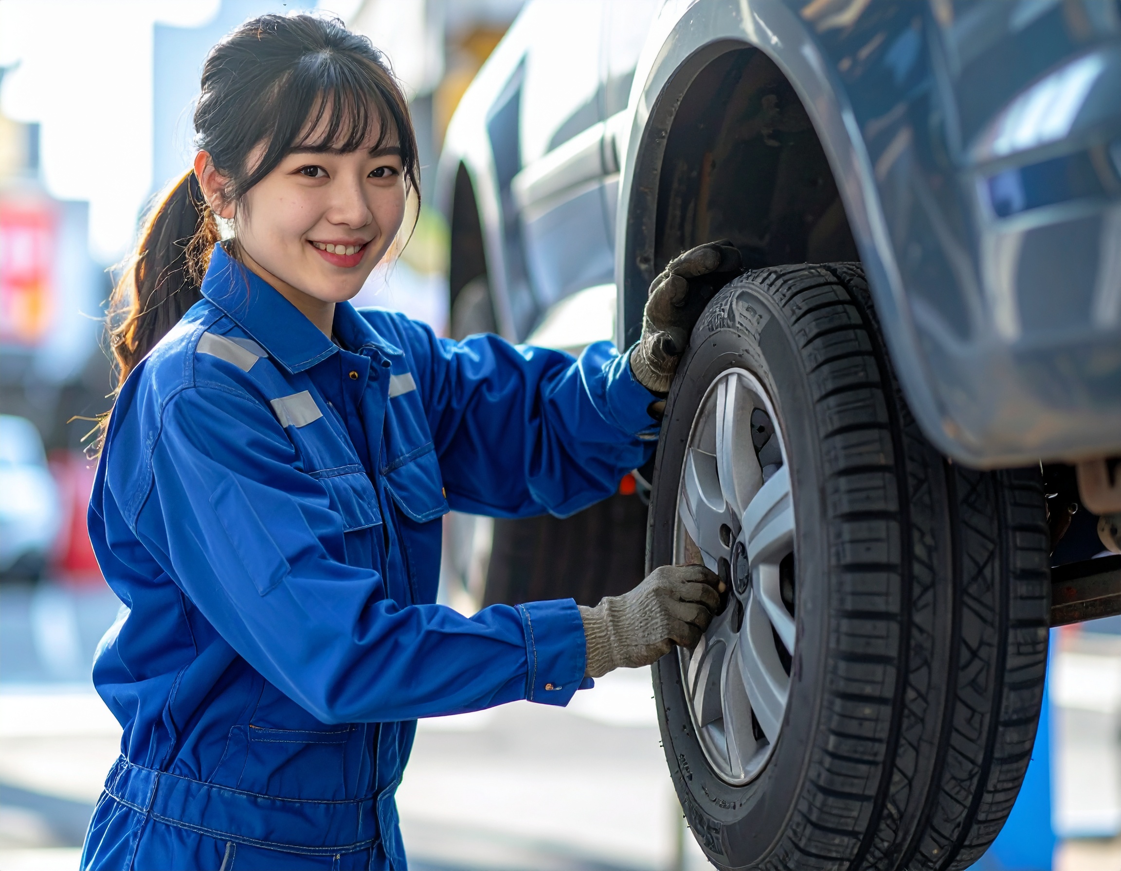 夏用タイヤを点検する様子