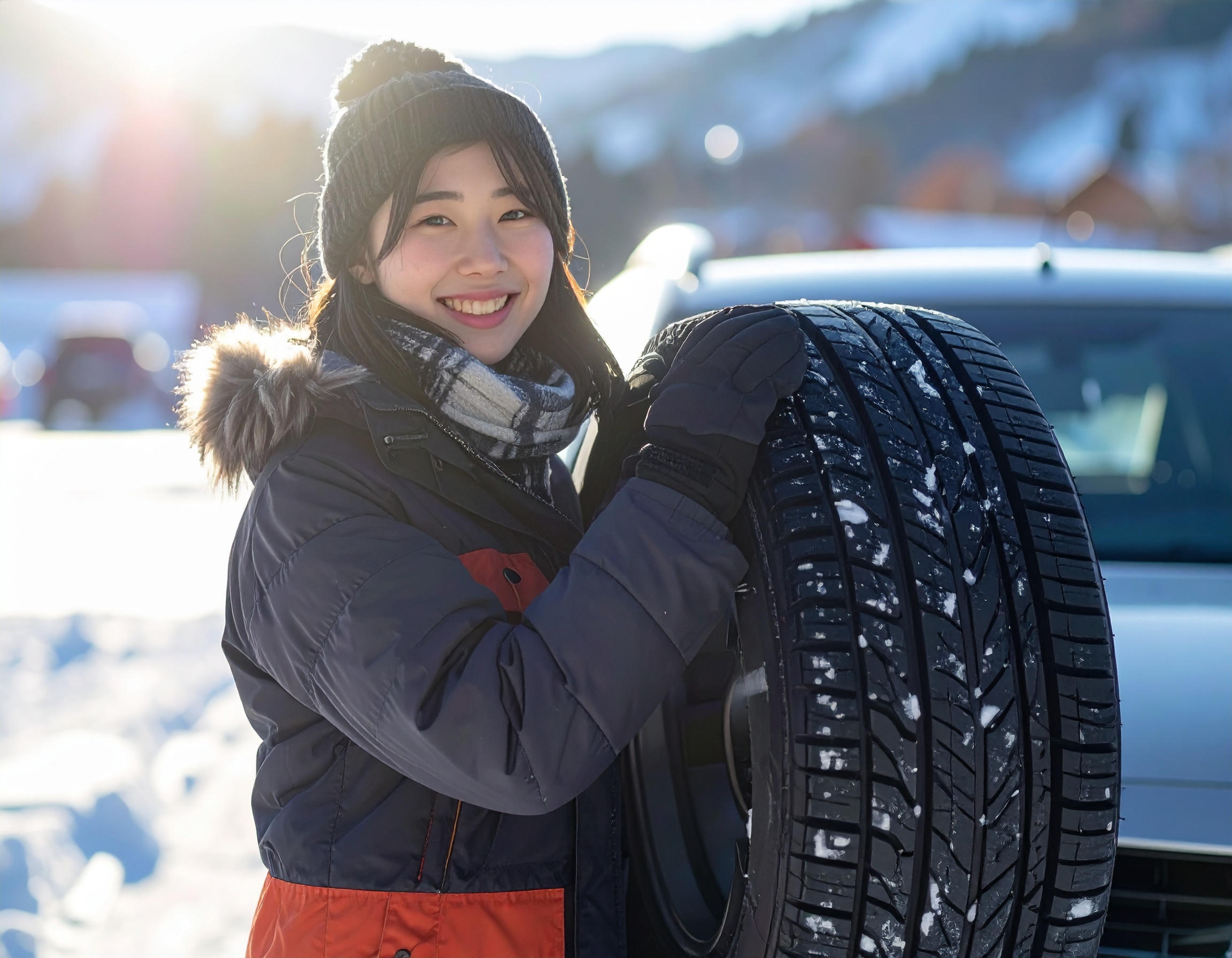 冬用タイヤを点検する様子