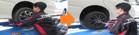 ホイール付きタイヤを車両に取り付けている様子